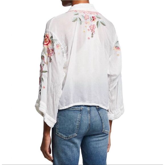 Johnny Was Aurora Kimono white embroidered tassels Sz L EX cond boho - Picture 3 of 10